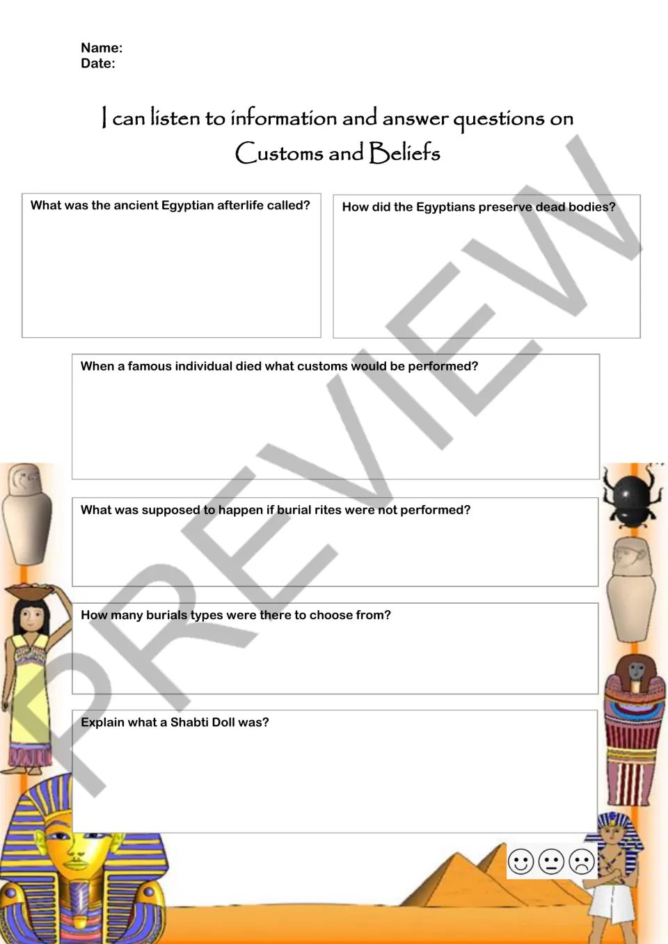Six comprehension questions on the Egyptian afterlife, preserving bodies, mourning, burial rites, and shabti dolls