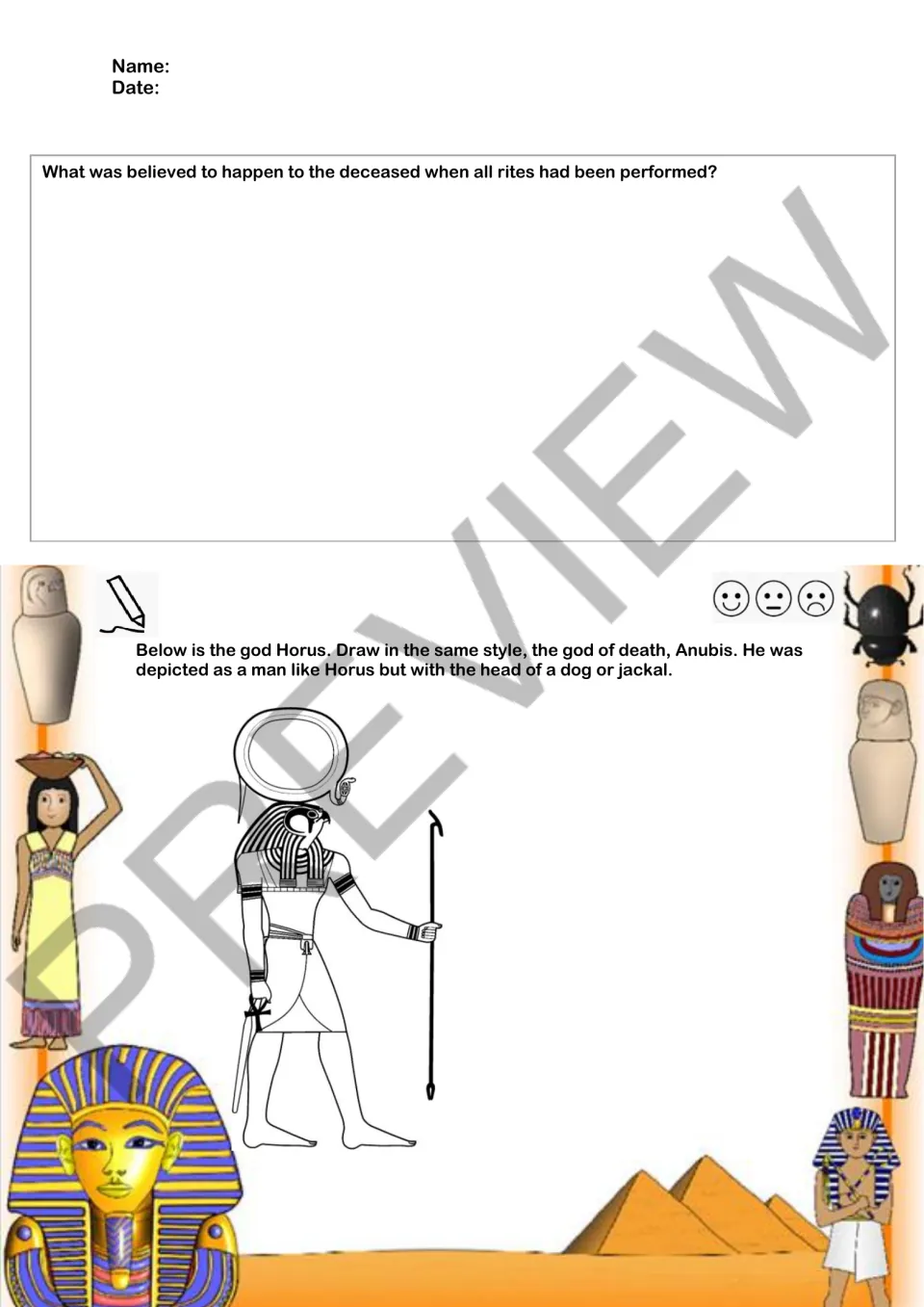 Final comprehension question on the soul after burial rites, plus an Anubis drawing task using Horus as a model