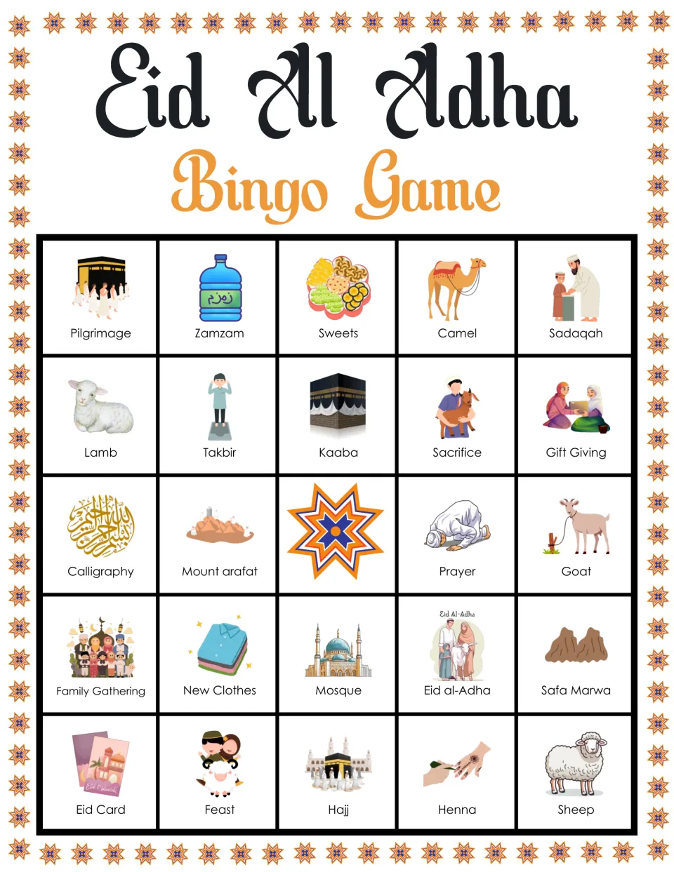 Eid al-Adha bingo card: students mark pictured words such as Pilgrimage, Zamzam, Kaaba and Henna around a star free space