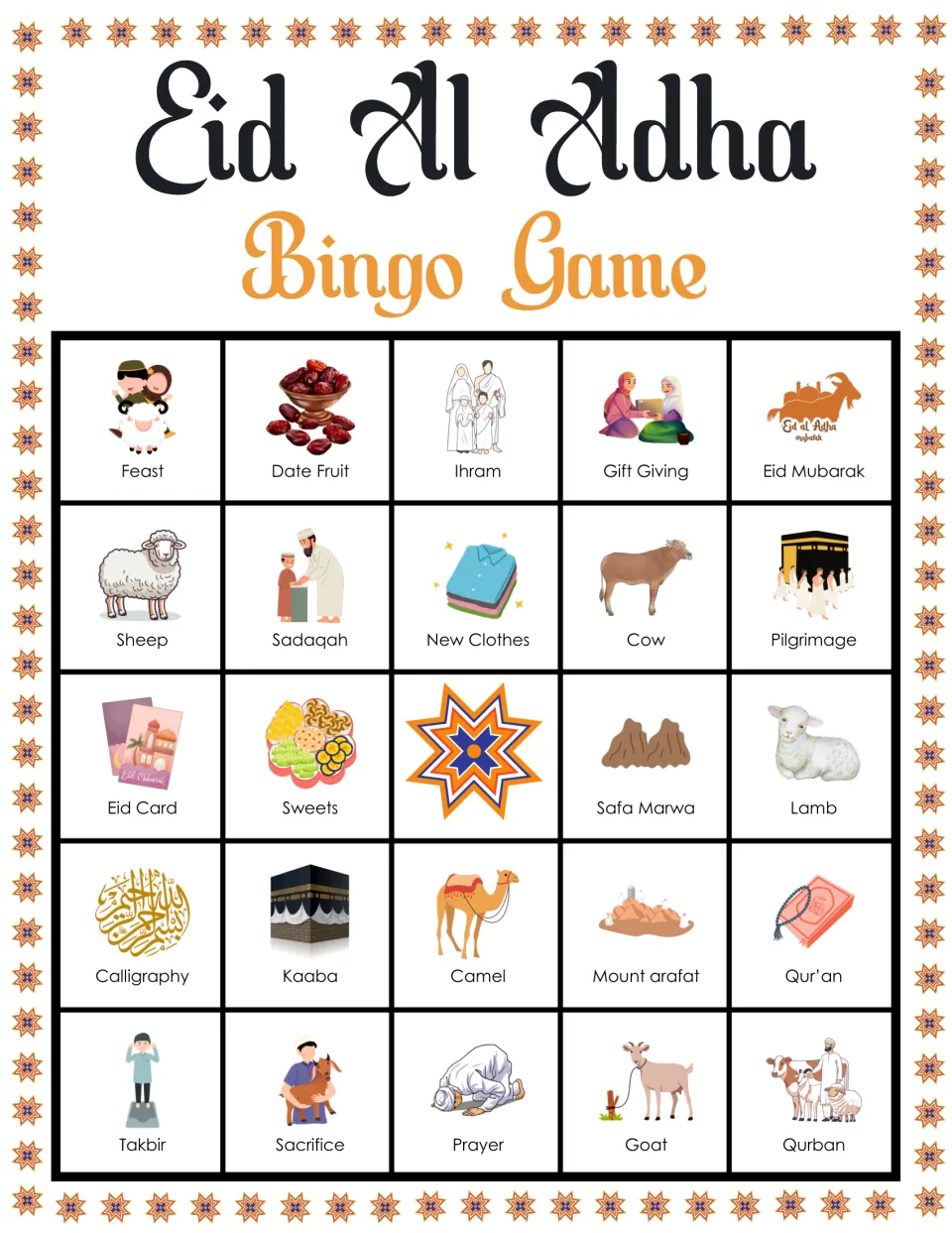Eid al-Adha bingo card starting Feast, Date Fruit, Ihram: students cover pictures like Qurban, Qur'an and Cow as called