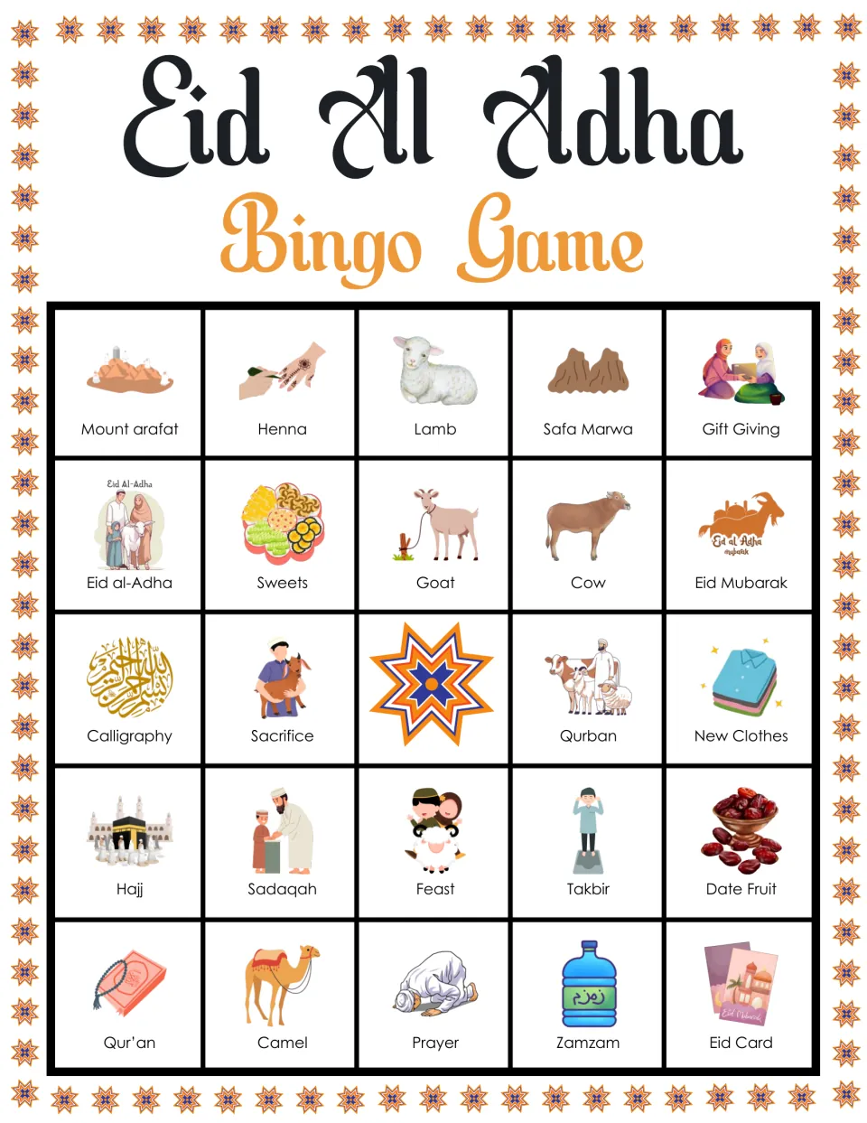Holiday bingo card opening with Mount Arafat, Henna and Lamb; players mark Hajj, Takbir and Zamzam pictures when called