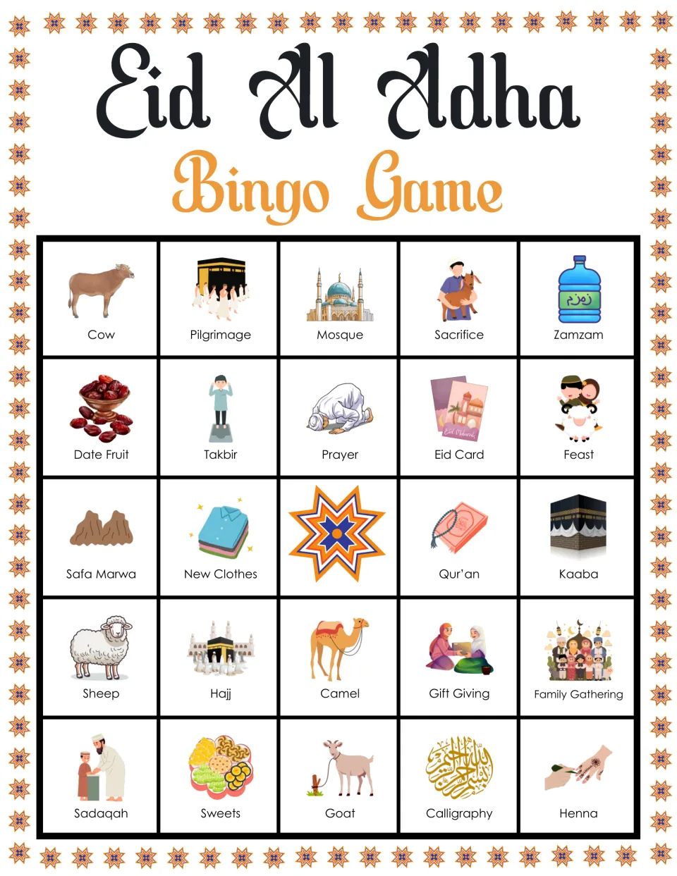 Eid bingo card beginning Cow, Pilgrimage, Mosque: students listen for words like Family Gathering and Calligraphy to mark