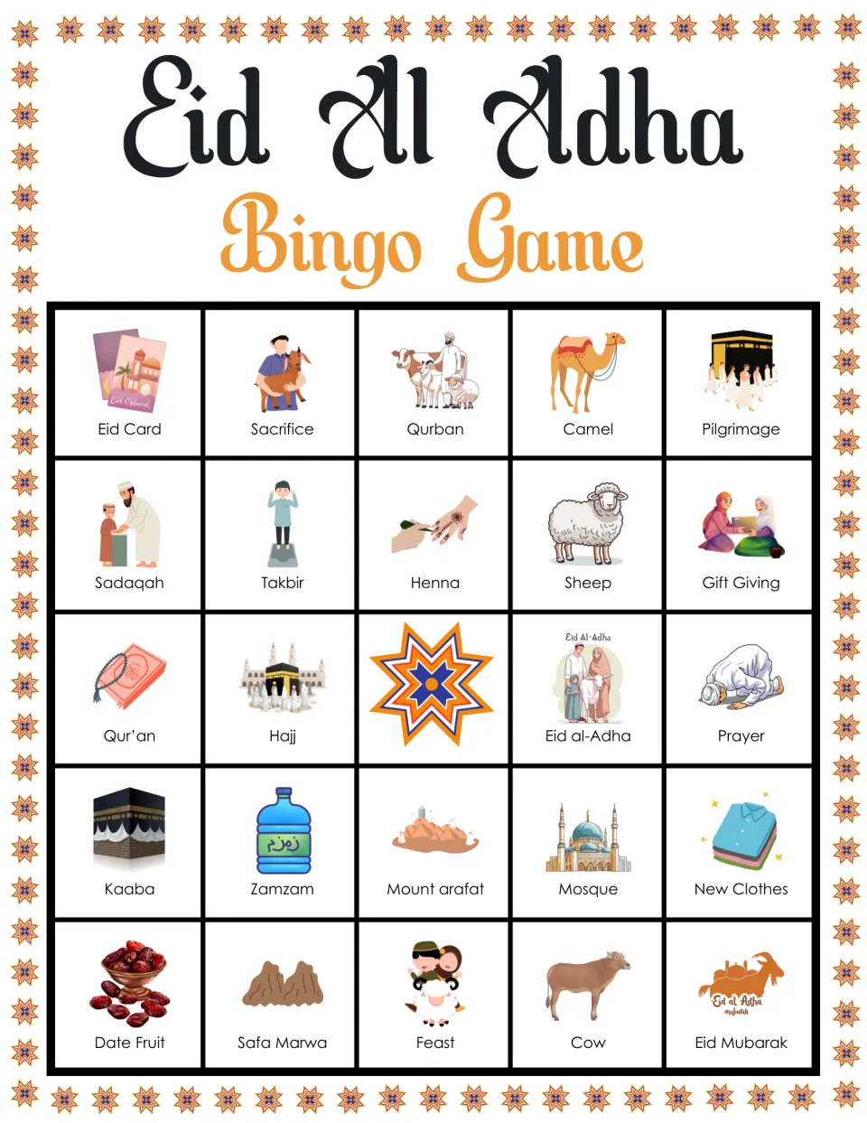 Eid bingo card with Eid Card, Sacrifice, Qurban and Camel on top; students mark Kaaba, Safa Marwa and Eid Mubarak pictures