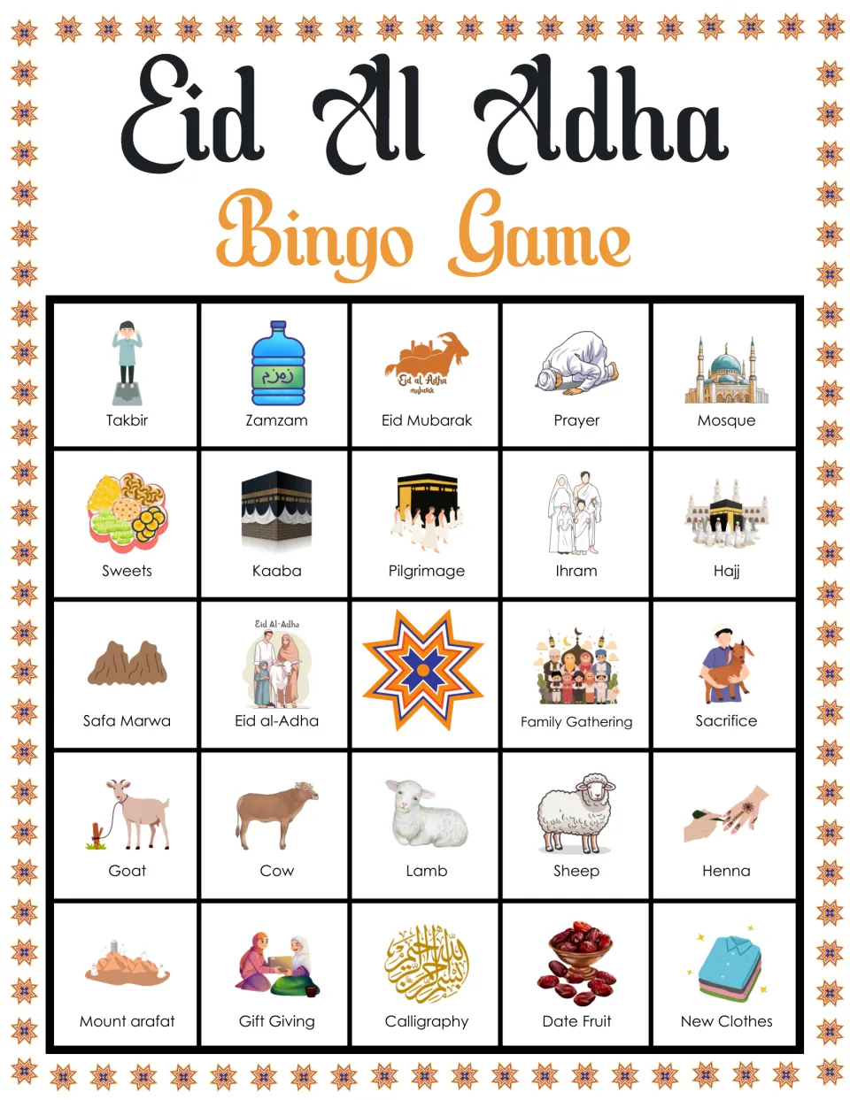 Eid al-Adha picture bingo card led by Takbir, Zamzam and Eid Mubarak; students find Ihram, Goat and Date Fruit squares