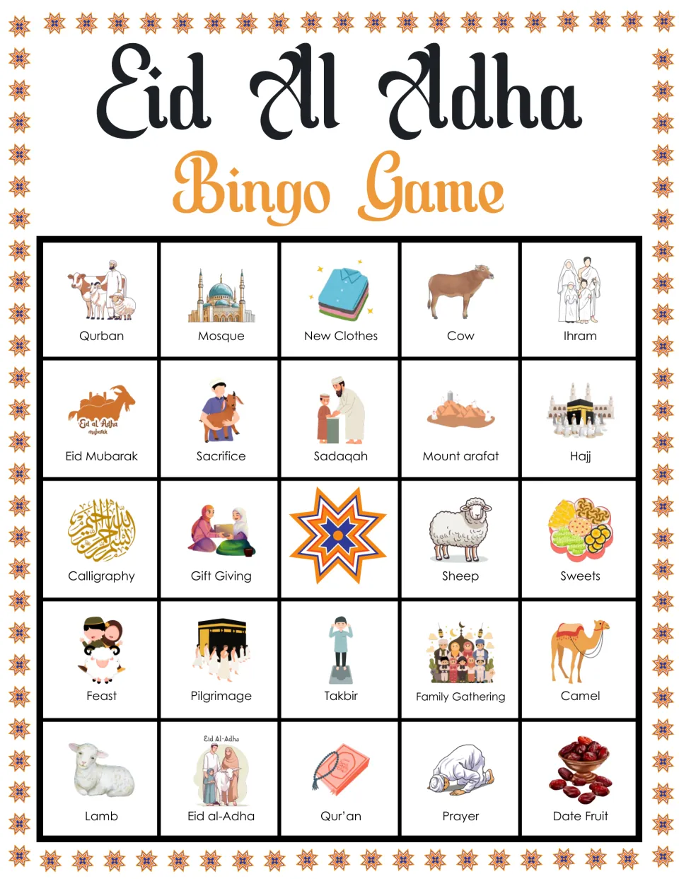 Eid bingo card topped by Qurban, Mosque and New Clothes; students mark Ihram, Mount Arafat and Lamb as words are read
