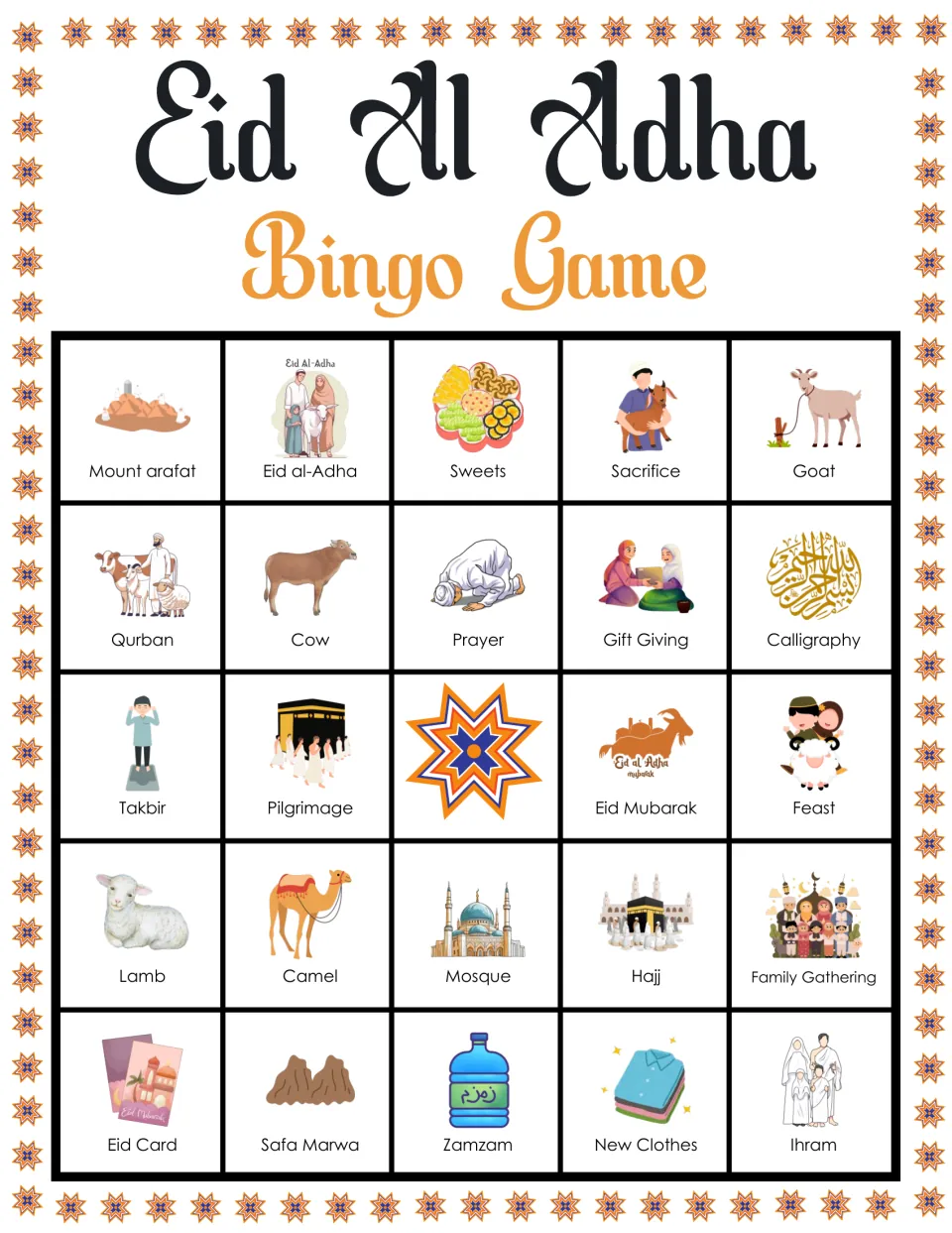 Eid picture bingo card starting Mount Arafat, Eid al-Adha, Sweets; players listen for Qurban, Takbir and Ihram to cover