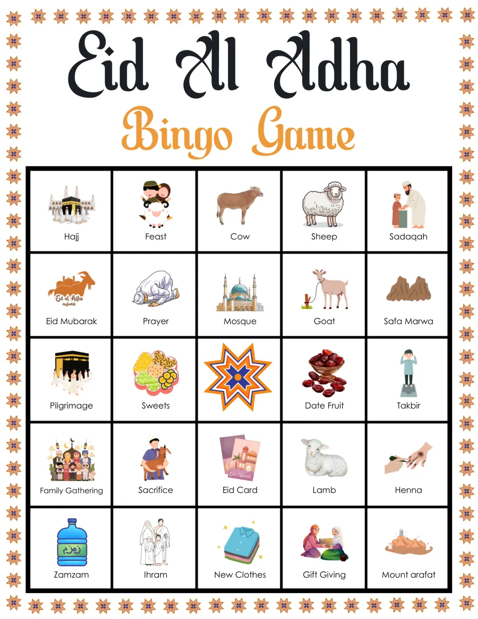 Eid al-Adha bingo card beginning Hajj, Feast, Cow and Sheep; students cover Sadaqah, Henna and Zamzam pictures when called