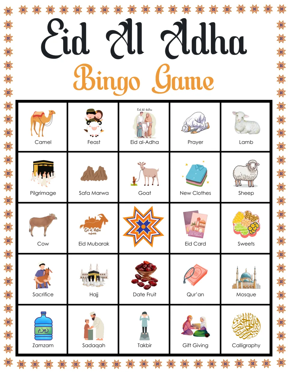 Holiday bingo card with Camel, Feast and Prayer in the top row; students mark Qur'an, Mosque and Calligraphy pictures