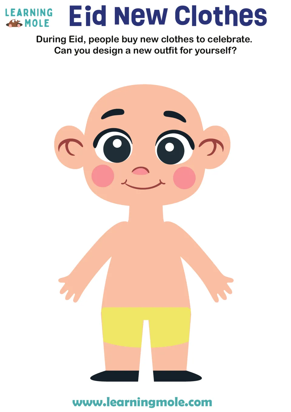 Eid outfit design activity: a child template to dress after reading that people buy new clothes for Eid.
