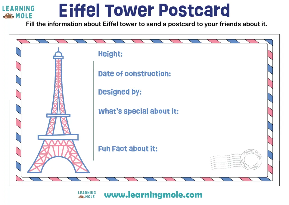 Eiffel Tower postcard: students fill in its height, construction date, designer, what makes it special and a fun fact