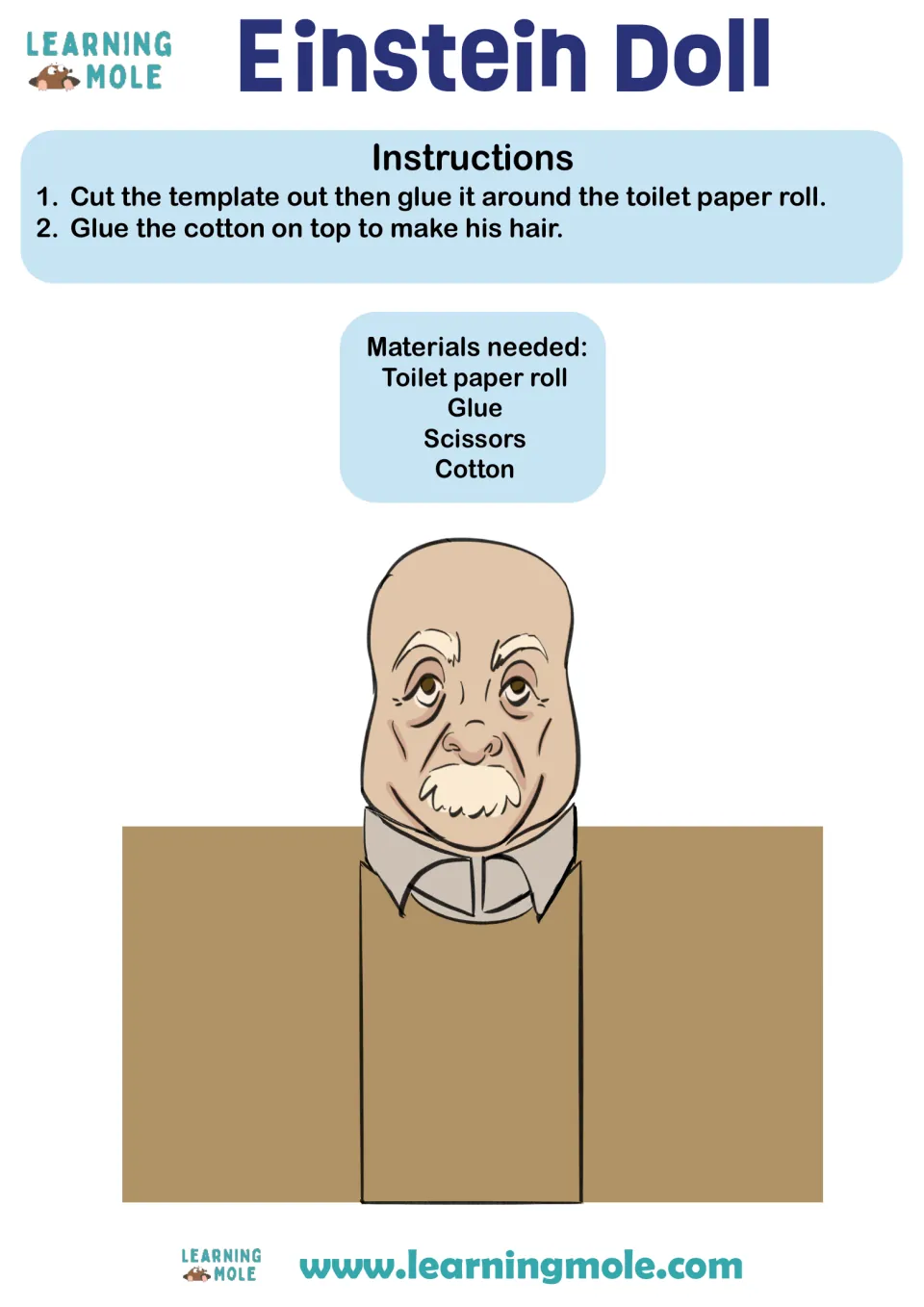 Einstein doll craft: students cut out a face and brown coat template, wrap it on a toilet paper roll, add cotton hair