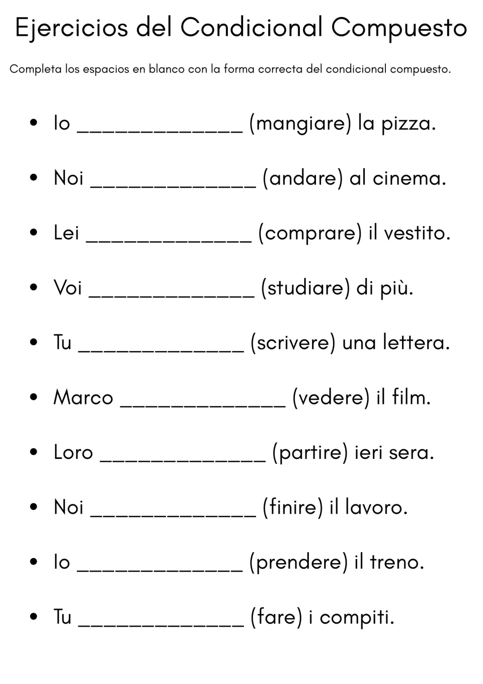 Italian past conditional practice: 10 fill-in sentences using mangiare (eat), andare (go), and eight more verbs