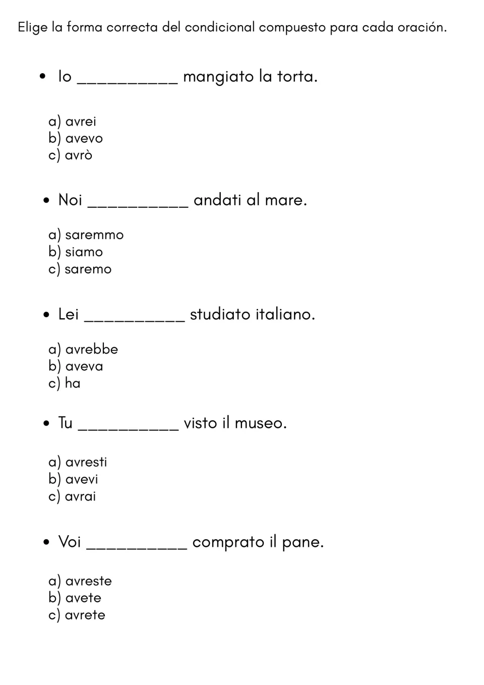 Italian past conditional practice: five multiple-choice items, including avrei, avevo, or avrò before mangiato