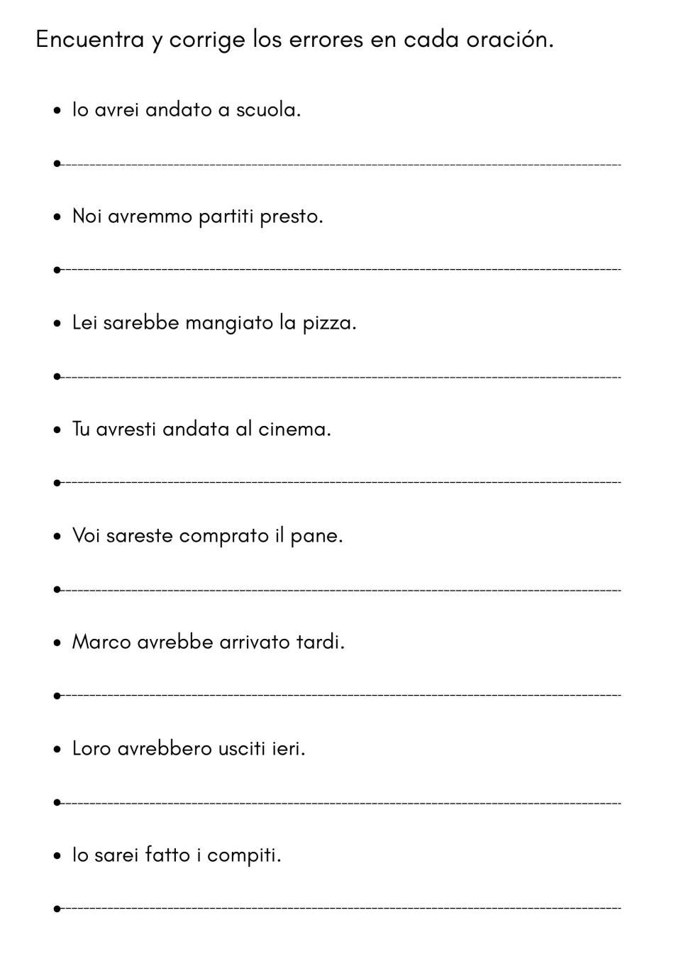 Italian past conditional practice: correct eight auxiliary errors, including Io avrei andato a scuola