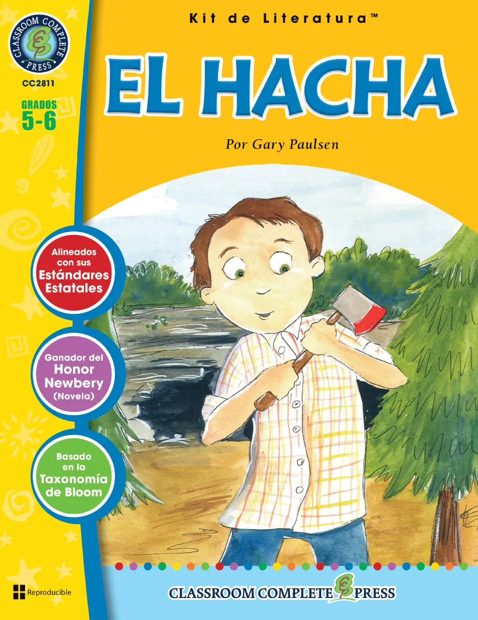 Spanish literature kit cover for El Hacha by Gary Paulsen, showing a boy holding an axe in front of evergreen trees
