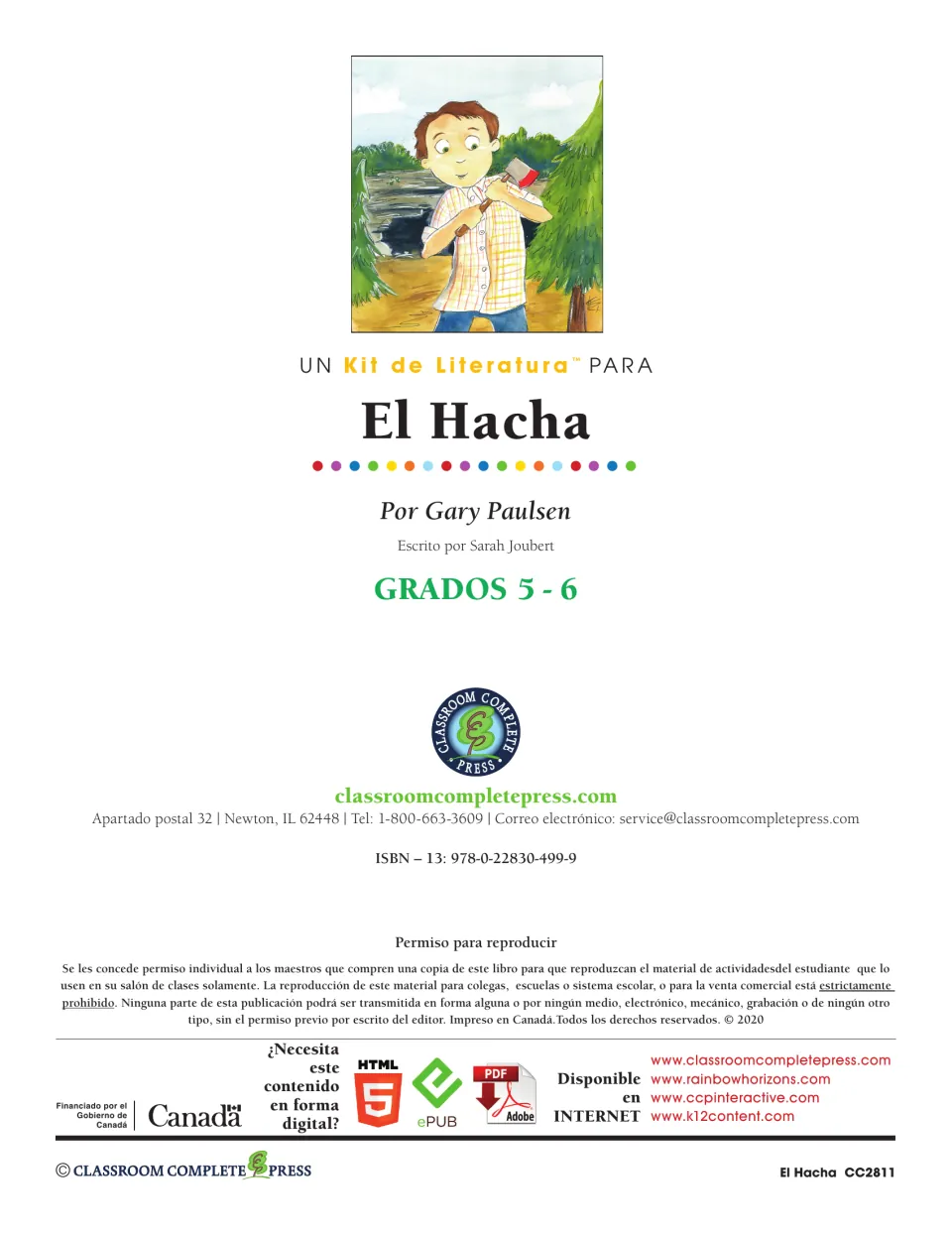 Title page for the Spanish literature kit on Gary Paulsen's novel, written by Sarah Joubert, with a copyright notice