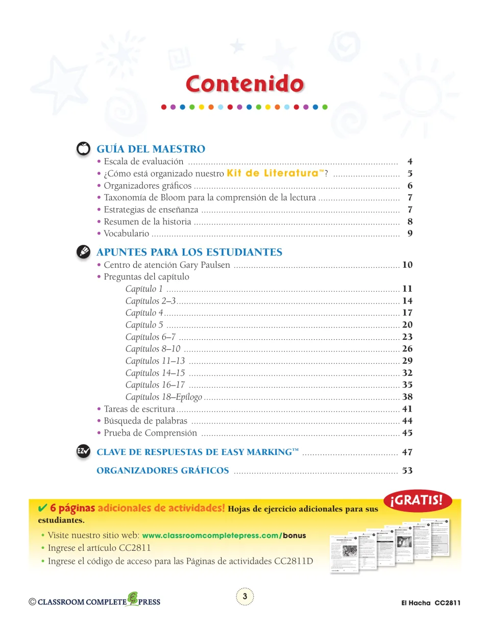 Contents list of the teacher guide, student pages, writing tasks, quiz, answer key and graphic organizers with page numbers