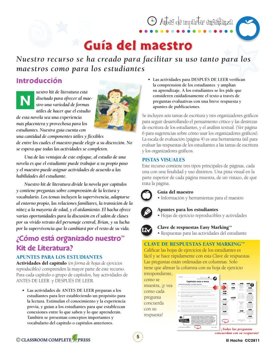 Teacher guide introduction: how the kit is organized into before-reading and after-reading activities and an answer key