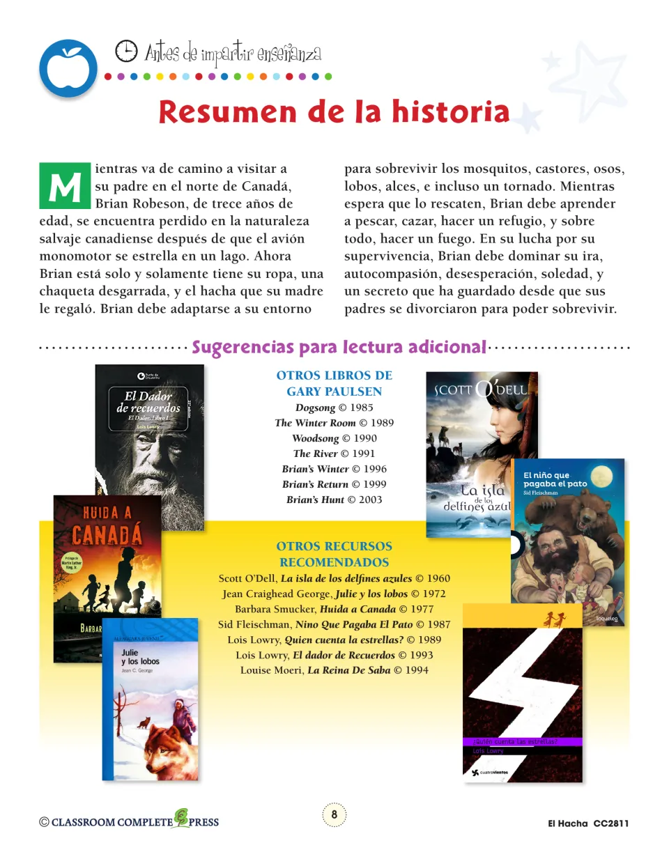 Story summary of Brian Robeson surviving alone in the Canadian wilderness, with further reading lists and book covers