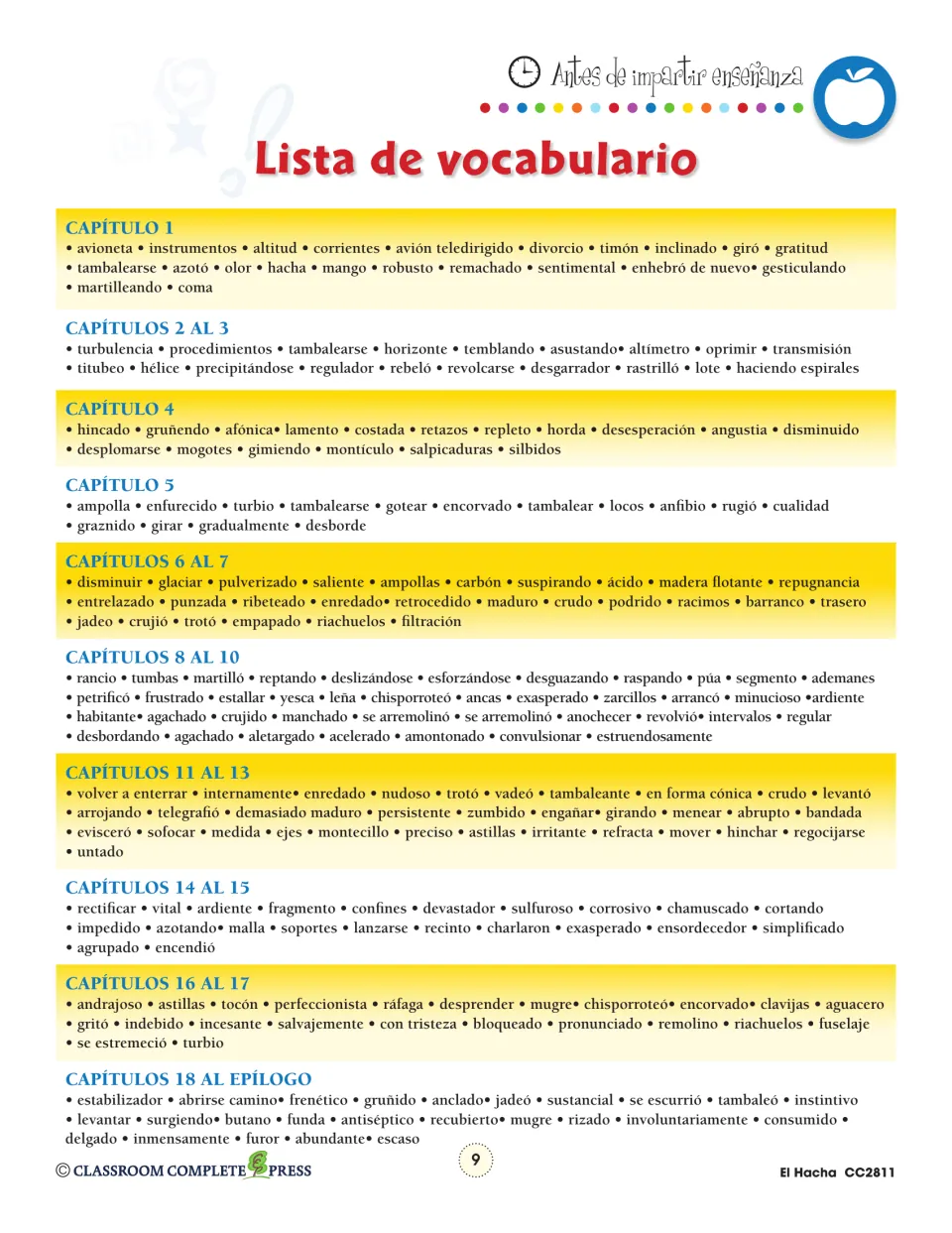 Vocabulary list for the novel, with Spanish words grouped by chapter from Chapter 1 through Chapters 18 to Epilogue