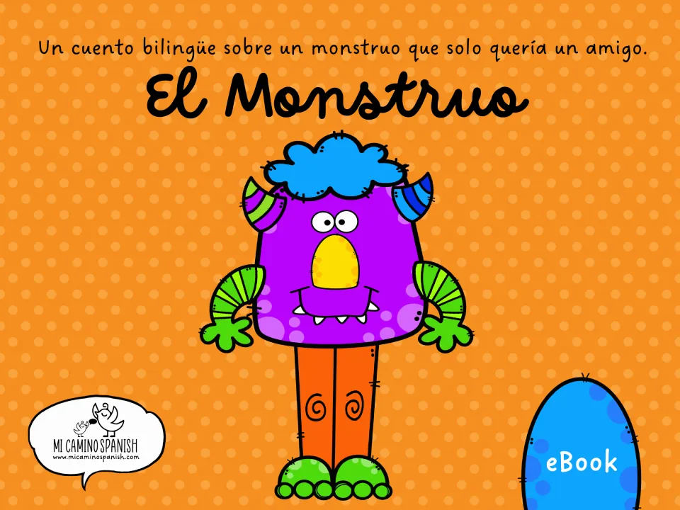 Spanish cover of El Monstruo, a story about a monster who only wanted a friend, showing a purple monster with blue hair