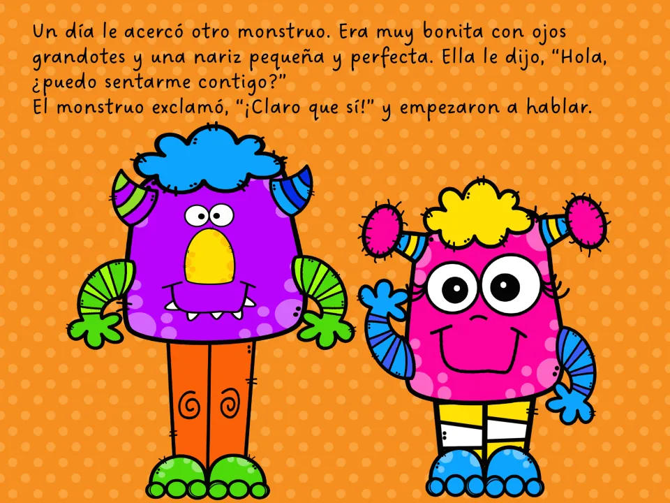 Spanish story page: a pink monster asks ¿puedo sentarme contigo? and he answers ¡Claro que sí! as they begin to talk