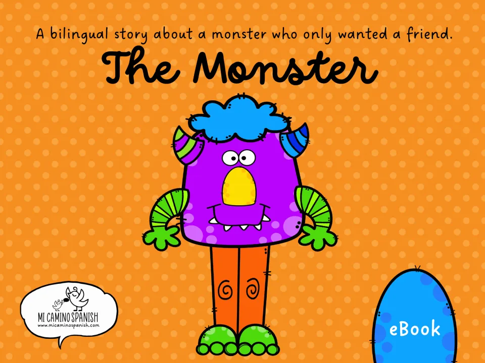 English cover of The Monster, a bilingual story about a monster who only wanted a friend, with the purple monster