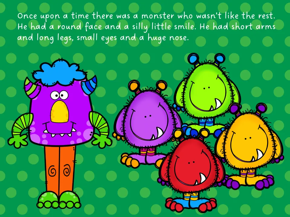 English story opening: once upon a time, a monster unlike the rest, with a round face, short arms and long legs