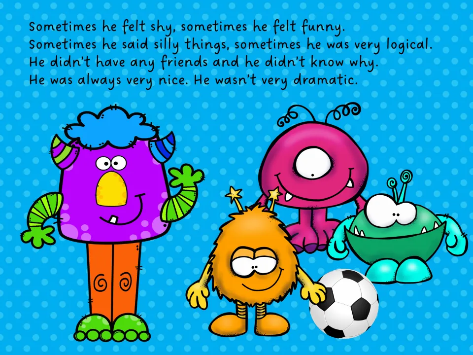 English story page on the monster's traits: shy, funny, logical, very nice, yet without friends, beside three monsters