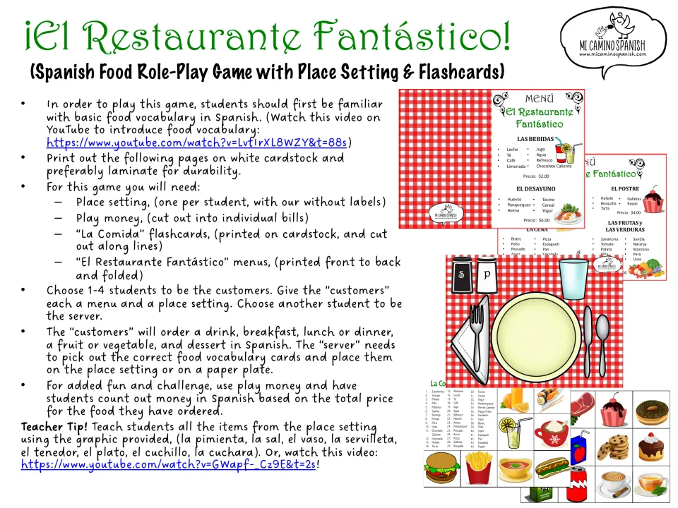 Spanish food role-play game overview: setup steps, materials list, ordering rules and a preview of menus and flashcards
