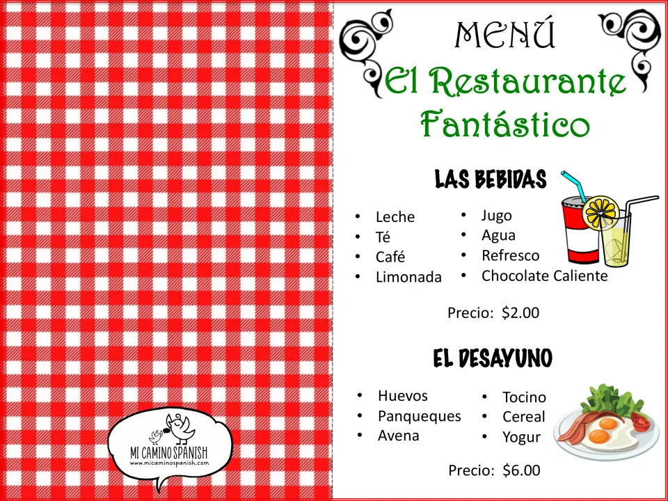 Restaurant menu in Spanish: drinks (las bebidas) at $2.00 and breakfast (el desayuno) items like huevos at $6.00