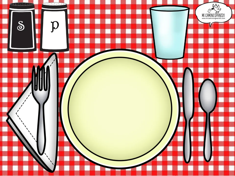 Unlabeled place setting mat: plate, glass, fork, knife, spoon, napkin and S and P shakers for serving food cards