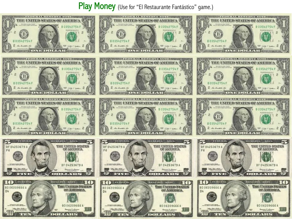 Play money: printable one, five and ten dollar bills for customers to count out and pay for their restaurant order