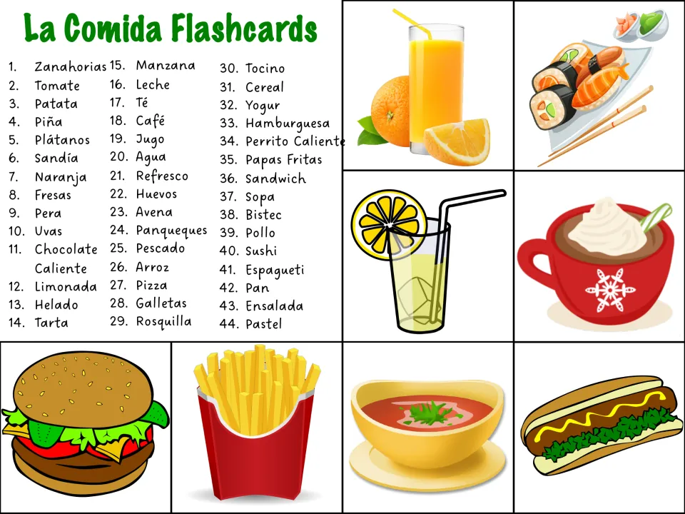 La Comida flashcards: numbered list of 44 Spanish food words with picture cards for jugo, sushi, hamburguesa and sopa
