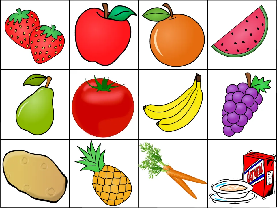 Fruit and vegetable picture cards: strawberries, apple, orange, pear, banana, grapes, potato, pineapple, carrots, oatmeal