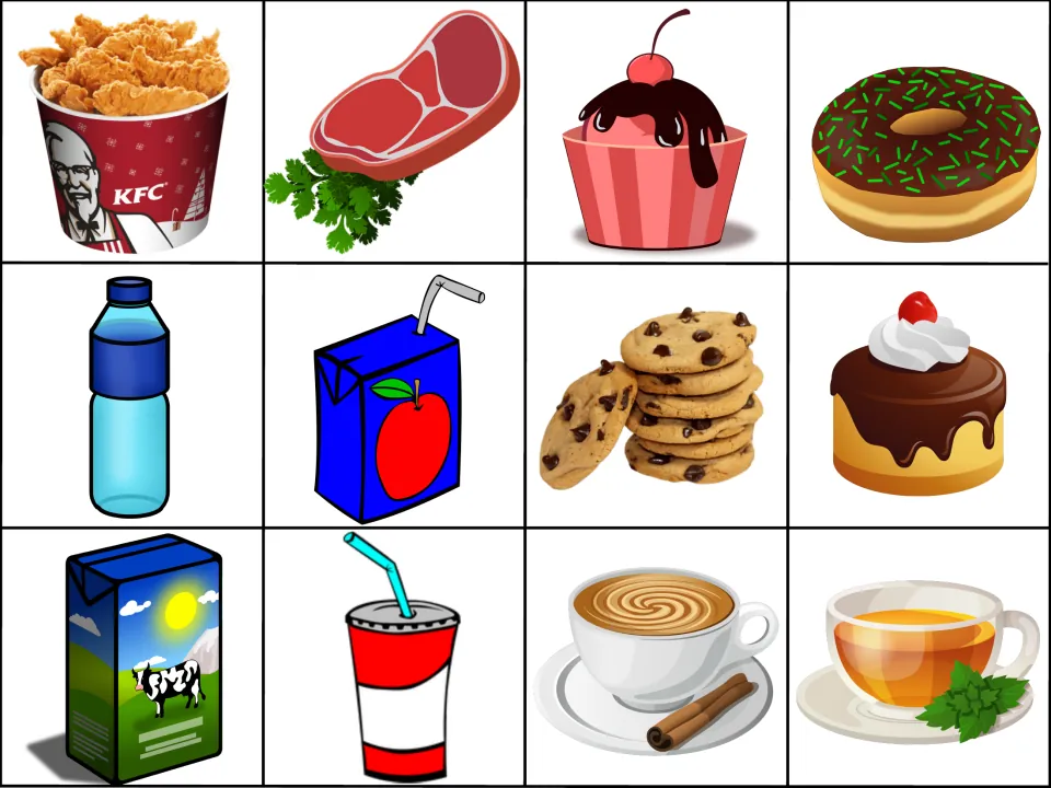 Food images for chicken, steak, ice cream, donut, water, juice, cookies, cake, milk, soda, coffee and tea to cut apart
