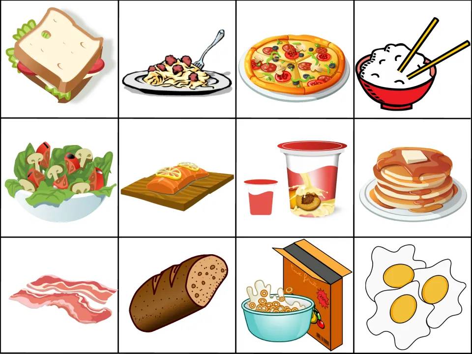 Meal flashcard images: sandwich, spaghetti, pizza, rice, salad, fish, yogurt, pancakes, bacon, bread, cereal and eggs
