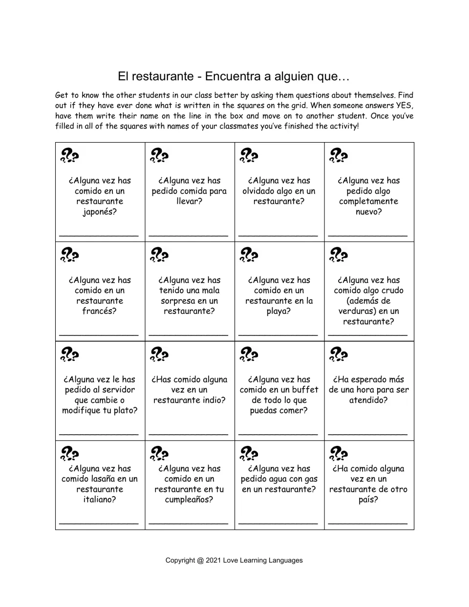 Encuentra a alguien que sheet: 16 restaurant questions like '¿Alguna vez has pedido comida para llevar?' (takeout)