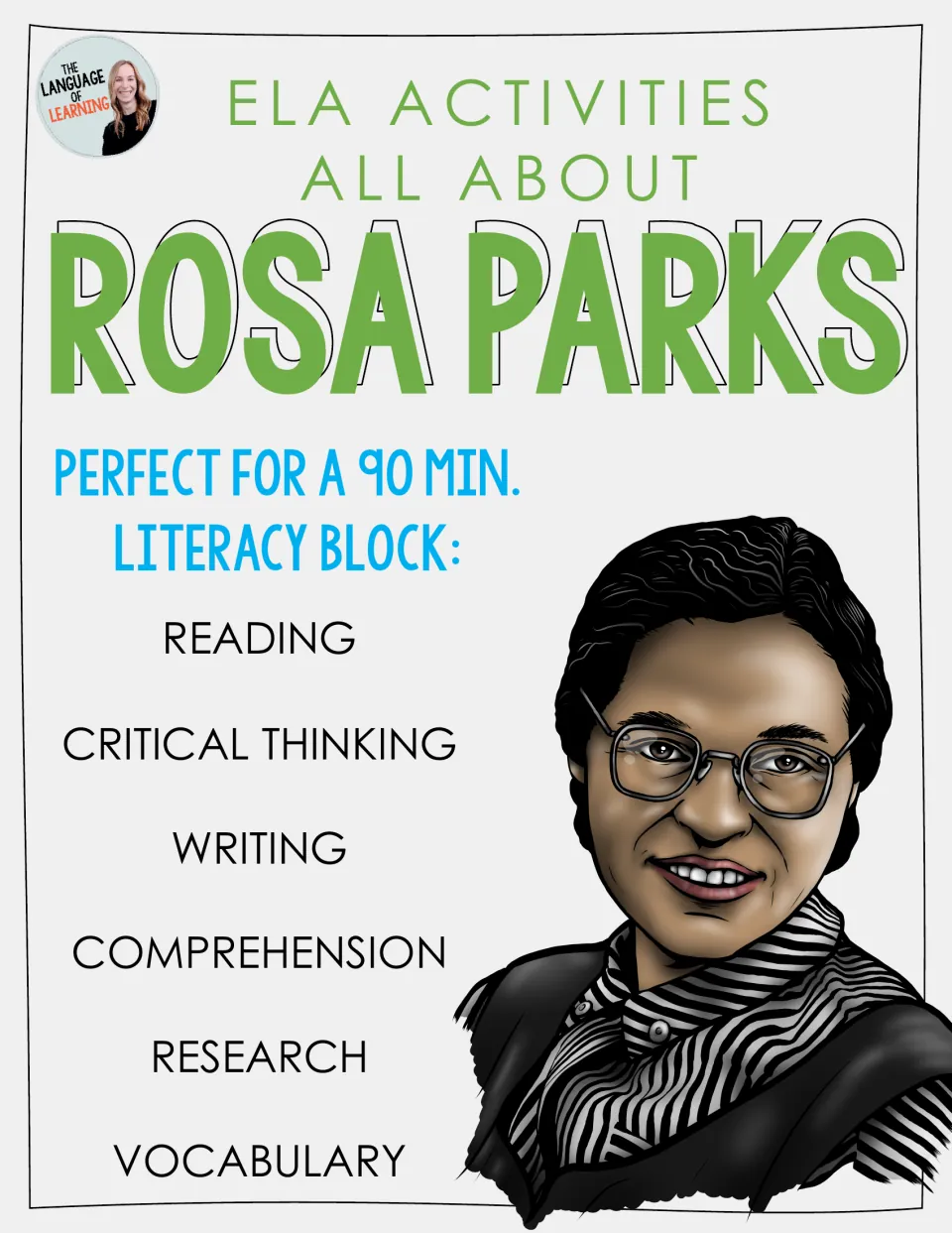 Cover: ELA activities all about Rosa Parks for a 90-minute literacy block, with reading, writing, research and vocabulary