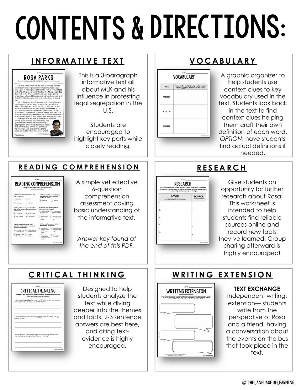 Contents and directions: notes on six activities, from the informative text and vocabulary to research and writing