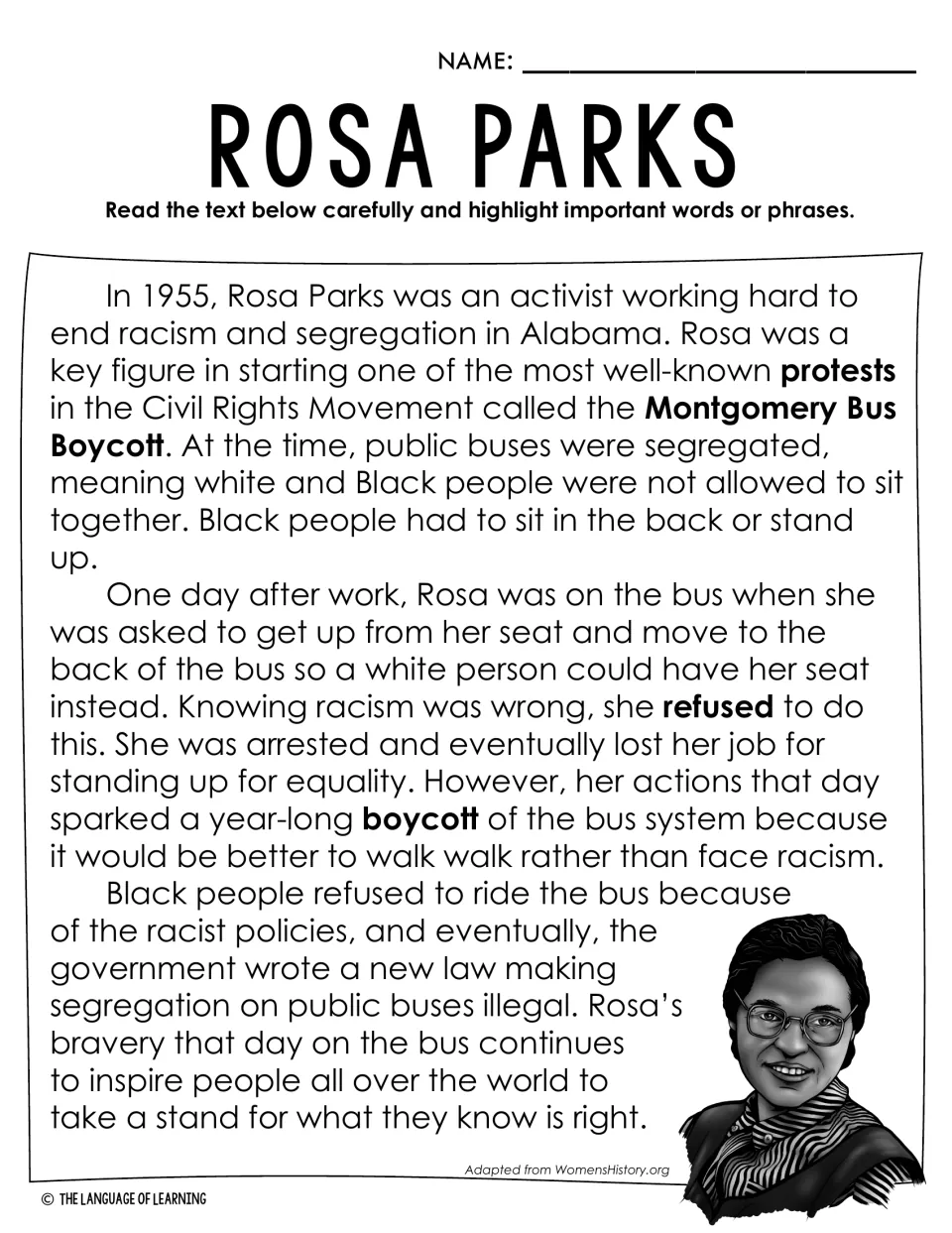 Three-paragraph informative text on the 1955 Montgomery Bus Boycott; students read closely and highlight key words