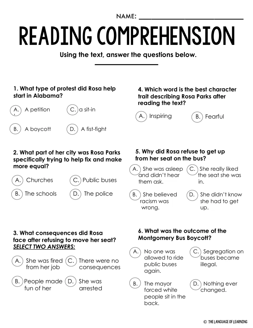 Reading comprehension: six multiple-choice questions on the boycott, its causes, consequences and outcome, using the text