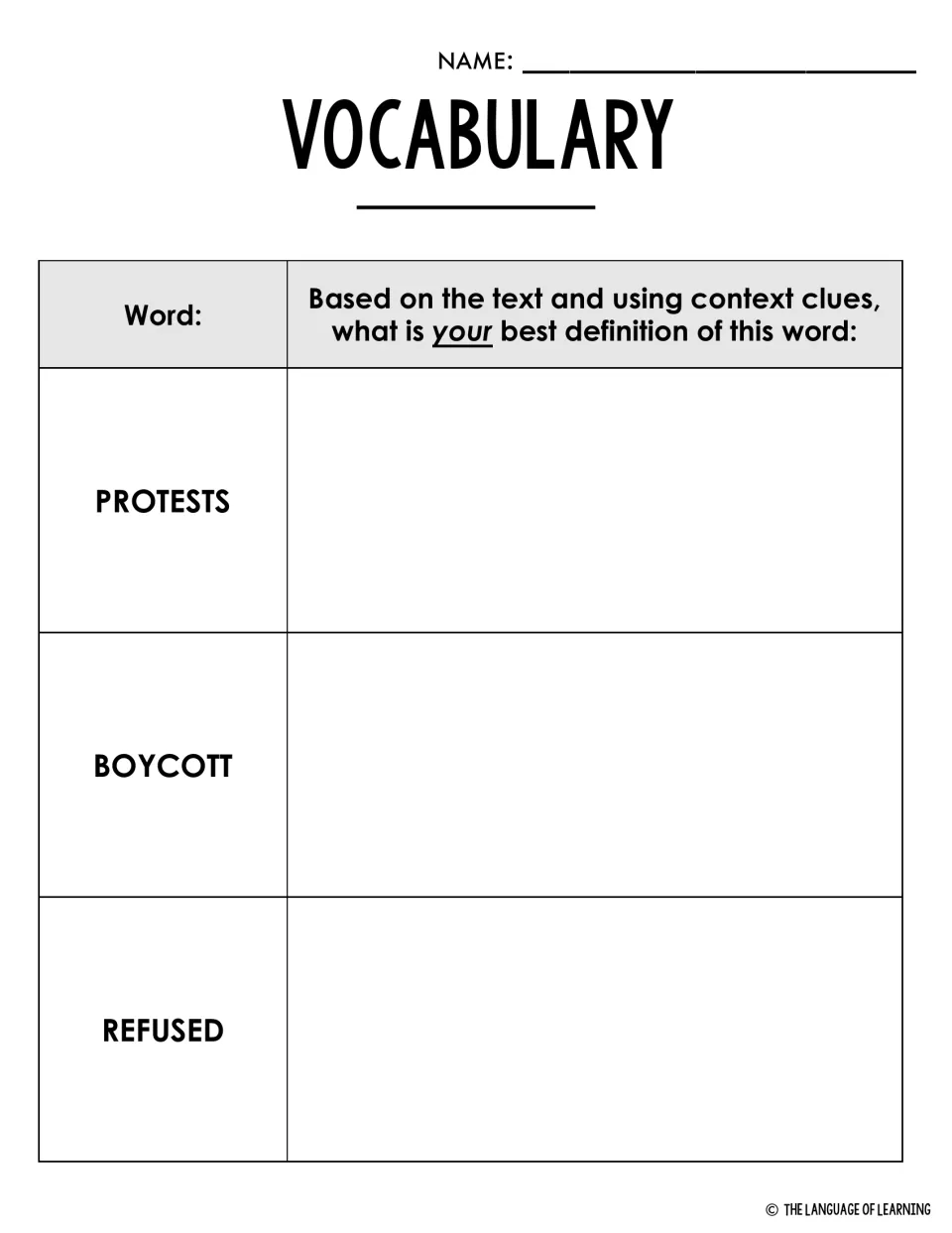 Vocabulary from context clues: students write their own definitions of protests, boycott and refused based on the text