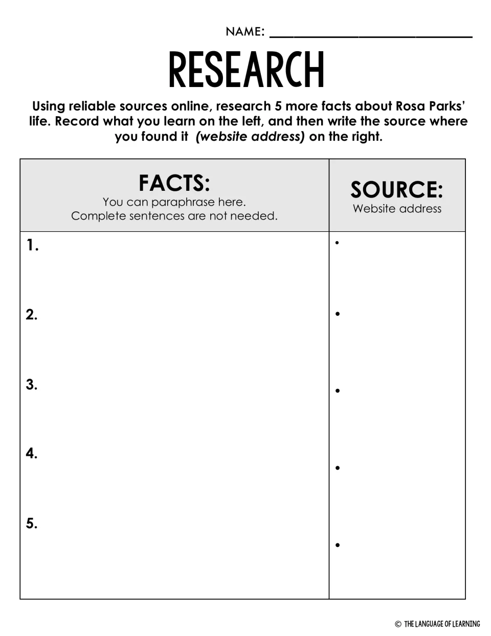 Research: students find 5 more facts on Rosa's life from reliable websites and record each beside its source