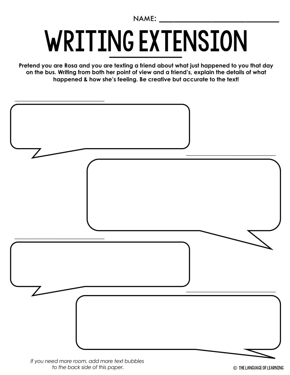 Writing extension: students write a text-message exchange between Rosa and a friend about that day on the bus