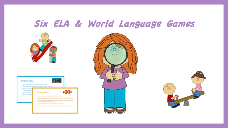 Cover of Six ELA & World Language Games, introducing the set with Finding Nemo and Finding Dory samples