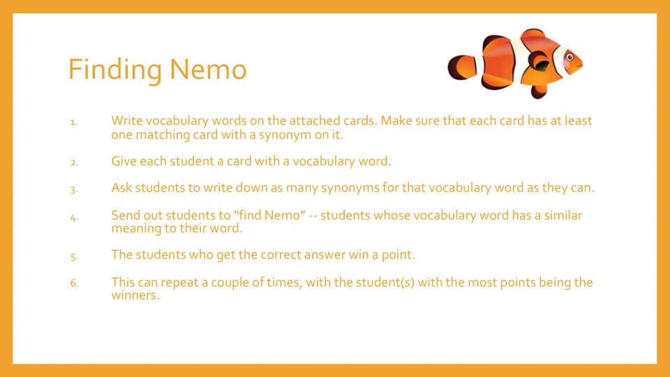 Finding Nemo game directions: students list synonyms, find classmates with matching meanings, and earn points