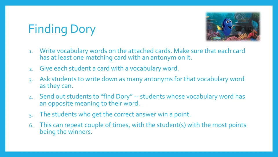 Finding Dory game directions: students list antonyms, find classmates with opposite meanings, and earn points