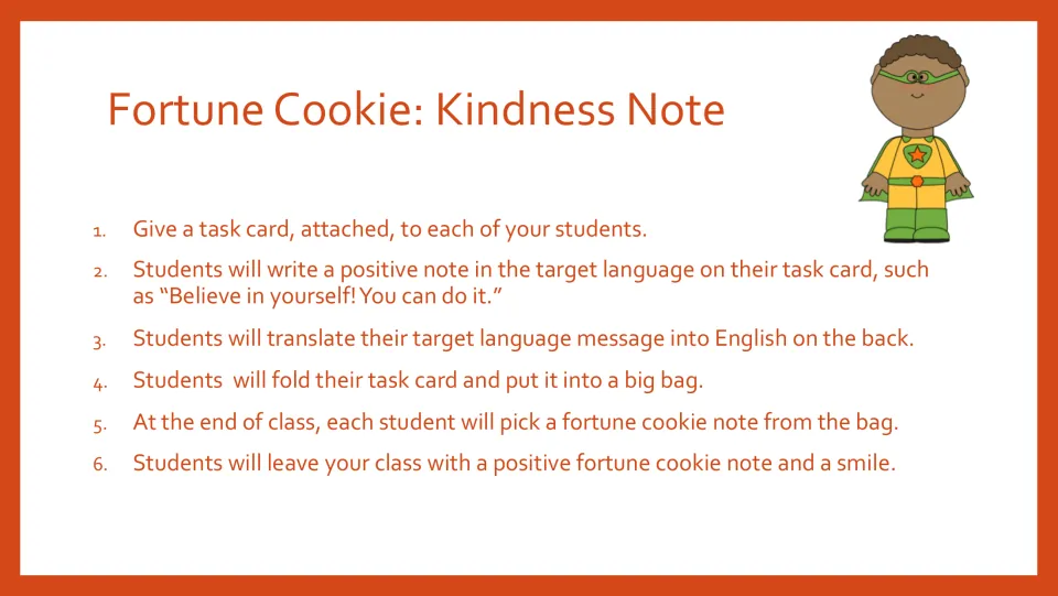 Fortune Cookie: Kindness Note directions for writing a positive target-language note and translating it into English