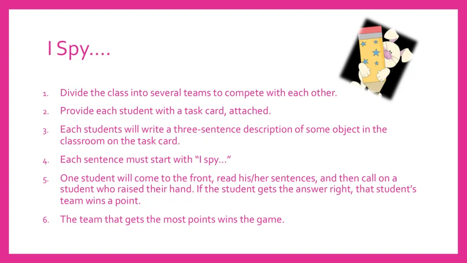 I Spy game directions: students write three sentences describing a classroom object for teams to guess